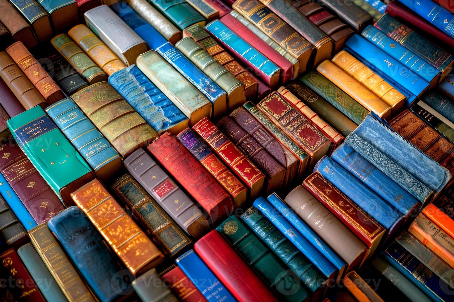 A vibrant collection of vintage books, featuring an array of colors and patterns, is neatly arranged on a surface, inviting readers to explore literary adventures photo
