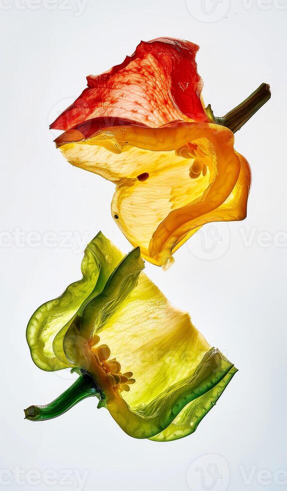Slices of yellow, green, and red bell peppers reveal their vibrant colors and unique textures against a light background, emphasizing the fresh and healthy appeal of these vegetables photo