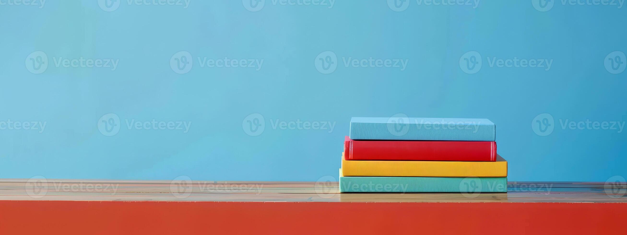 A stack of three colorful books in red, blue, and yellow resting on a polished wooden table, set against a bright blue background illuminated by natural light photo