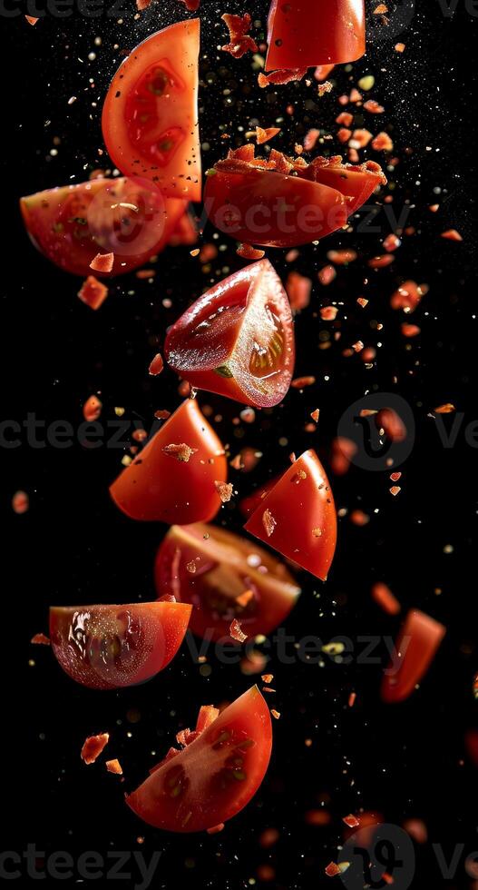 Bright red tomato slices are airborne, elegantly scattered against a dark backdrop. The dynamic arrangement showcases the juicy texture and vibrant color of the tomatoes, enhancing visual appeal photo