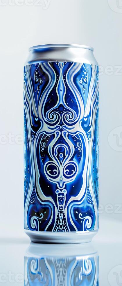 A close-up reveals a white beer can adorned with a striking blue pattern. The design features intricate lines that create a captivating visual presentation full of creativity photo
