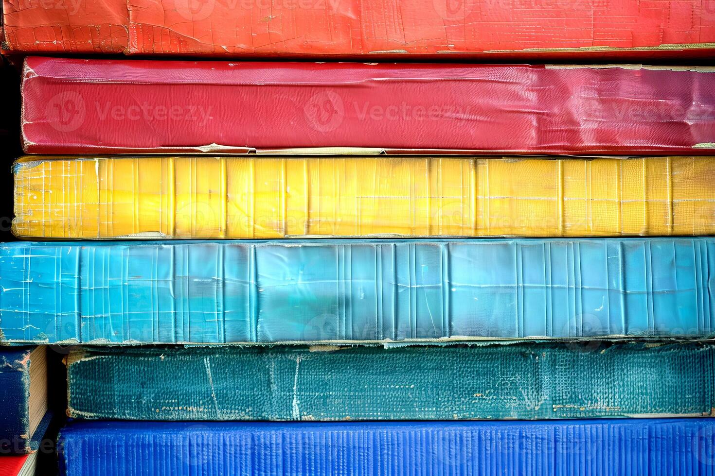 A stack of colorful books arranged neatly on a shelf highlights the allure of reading and knowledge, inviting exploration and imagination in a personal study area photo