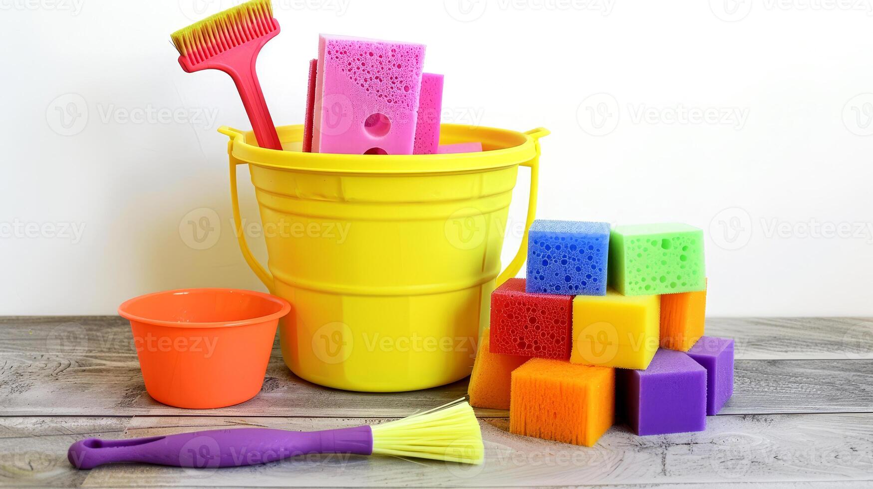 Brightly colored cleaning supplies are neatly organized on a wooden table, featuring a yellow bucket filled with sponges, brushes, and a small cup, ideal for cleaning tasks photo