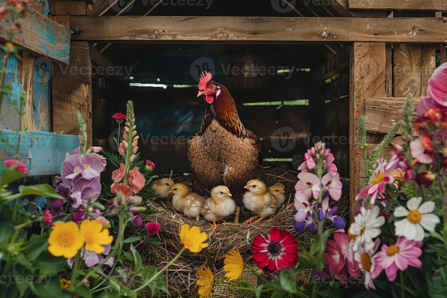 A mother hen sits protectively in her nest, accompanied by several fluffy chicks. Colorful flowers bloom around them, creating a lively and serene atmosphere in the garden photo