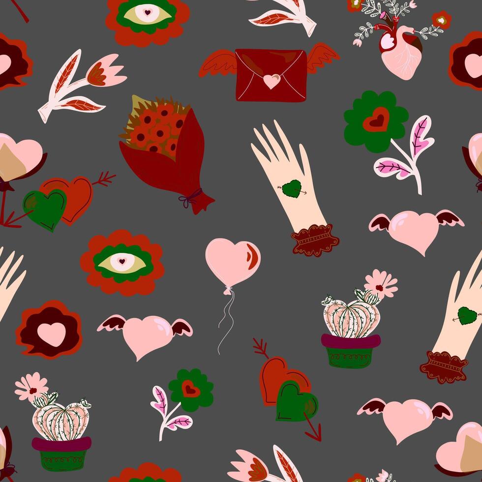 a pattern with hearts, flowers and other items vector