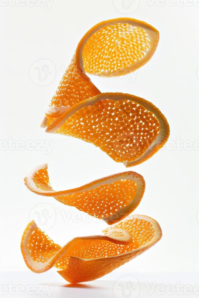 Floating in mid-air, several pieces of orange peel display their vibrant color and intricate texture. The composition highlights the dynamic movement of the peels in a minimalist setting photo