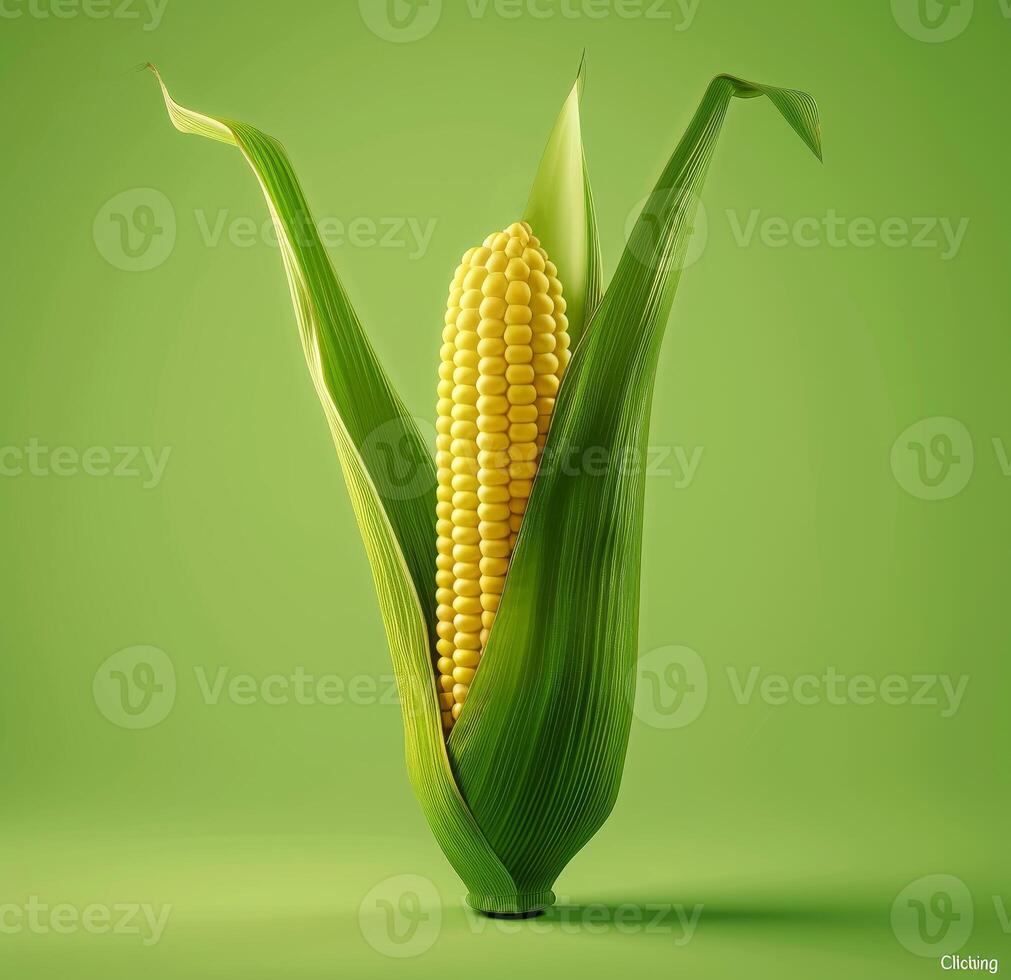 A fresh ear of corn proudly displays its golden kernels with leaves gracefully wrapped around it. The bright green background accentuates the natural hues, creating an appealing sight photo