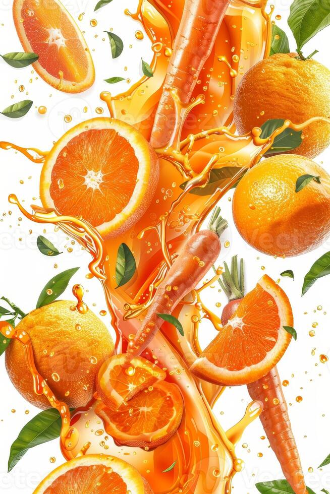 Bright oranges and carrots are splashing in juice, showcasing freshness and vitality. This vibrant poster promotes a deliciously healthy lifestyle with natural ingredients photo