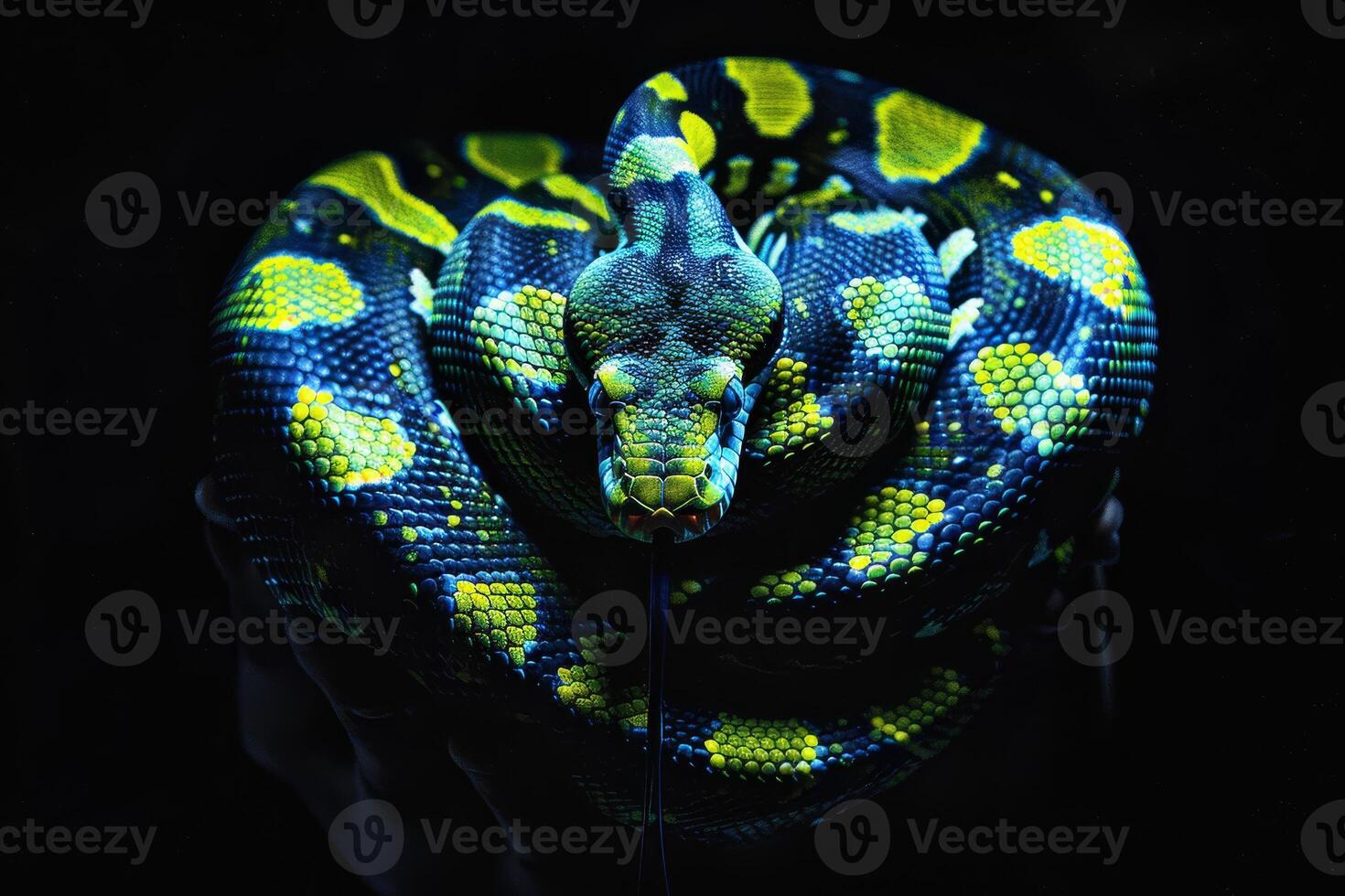 A stunning green and blue snake curls around a hand, displaying its vibrant scales under a black background, emphasizing its unique color patterns and textures photo