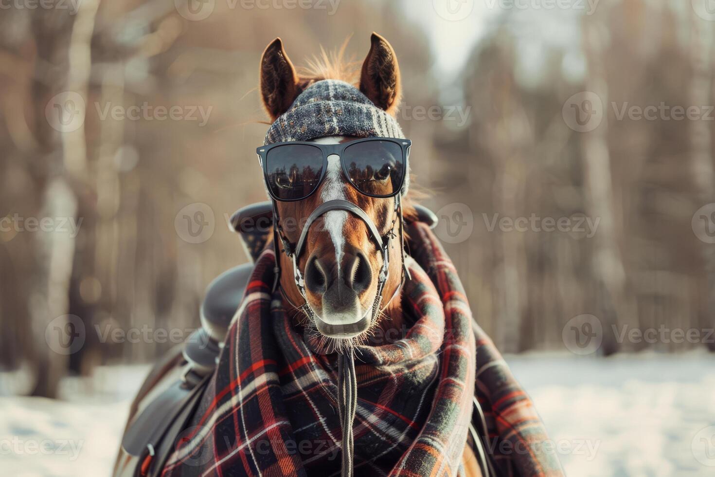 A horse poses confidently while wearing trendy sunglasses and a cozy scarf in a snowy forest. The serene landscape adds a whimsical touch to the charming scene photo