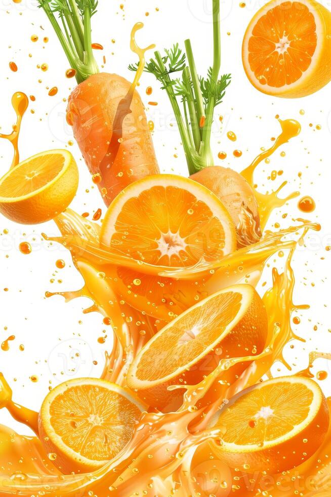 Fresh orange slices and vibrant carrots create a dynamic splash of juice set against a clean white background. This lively composition emphasizes health and vitality, inviting attention photo