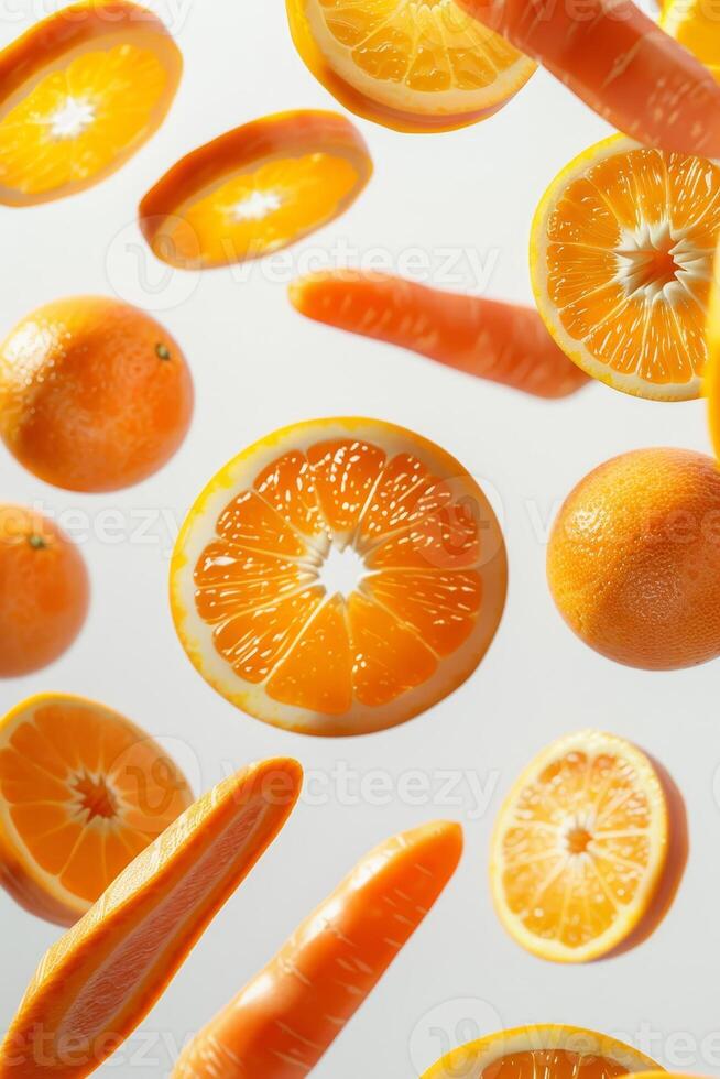 Bright orange slices and carrot pieces are artistically scattered against a clean white background, creating a fresh and lively composition photo