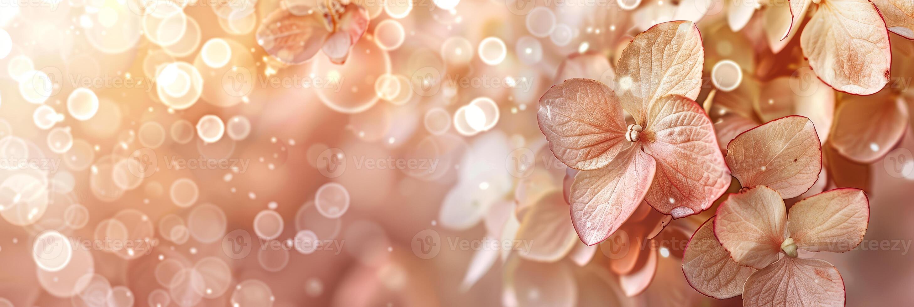 Delicate hydrangea flowers bloom in pastel colors, creating a serene atmosphere with gentle bokeh effects highlighted in the background photo