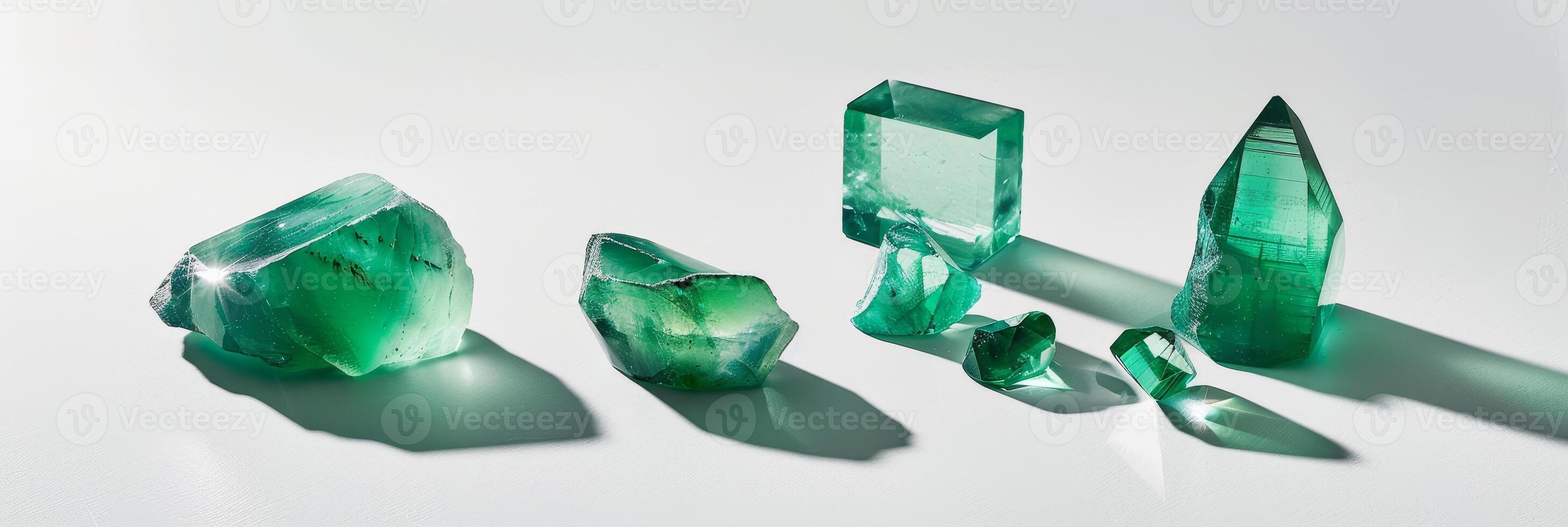 Emerald gemstones are closely arranged, displaying their vivid green color and diverse crystalline formations under soft lighting photo
