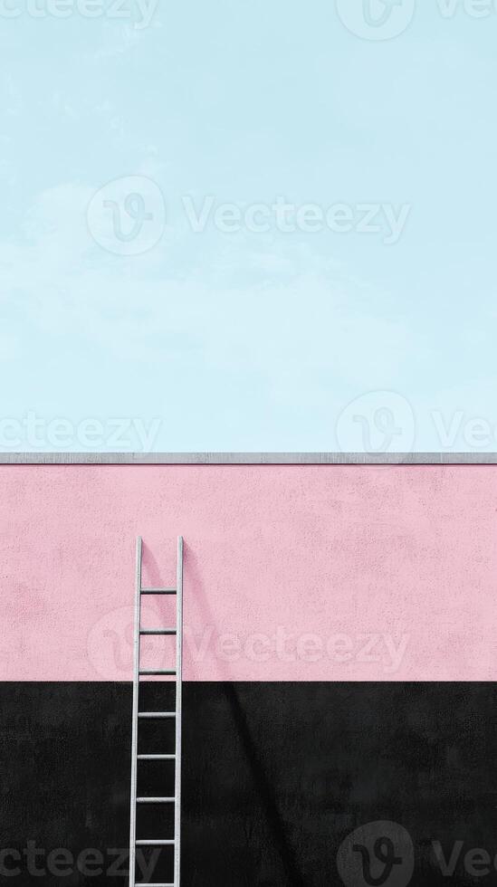 A minimalist design features a pink wall with a black base and a simple ladder against the pastel backdrop photo