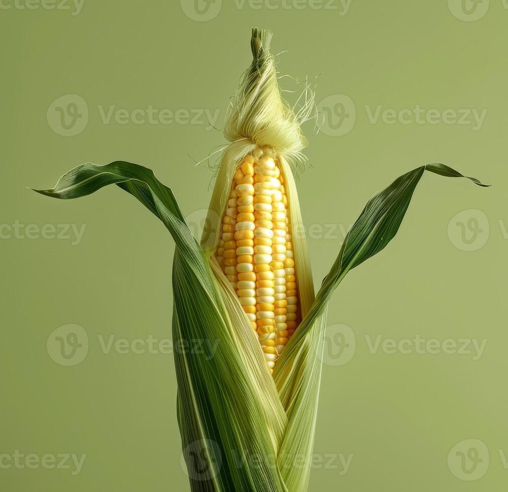An ear of corn stands upright with silky threads gracefully draped around it, revealing bright yellow kernels nestled beneath green leaves photo