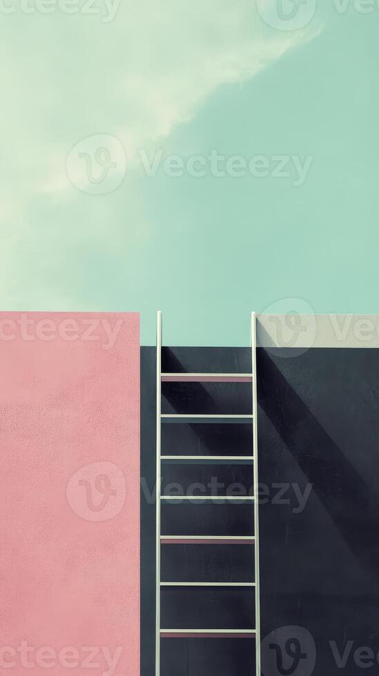 A black wall and a pink wall rise against a clear blue sky, with a white ladder connecting the two structures, creating a striking visual contrast photo