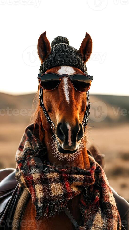 A horse with sunglasses and a beanie hat stands confidently, basking in the sunlight against a scenic rural backdrop, embodying a playful and relaxed spirit photo