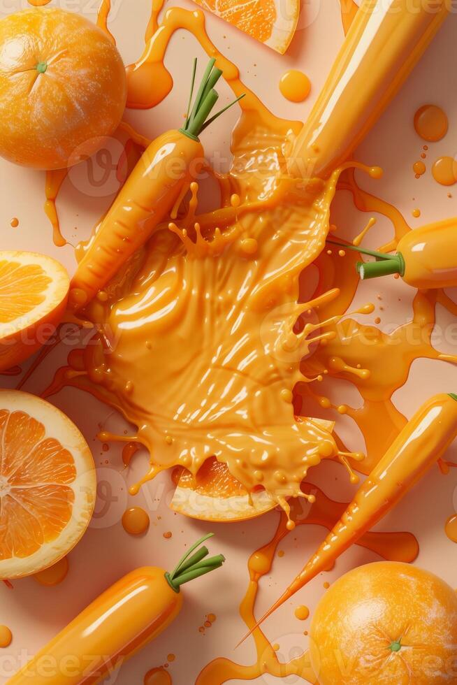 Fresh carrots and citrus fruits create a lively composition, featuring an explosion of orange juice spilling over their vibrant arrangement, highlighting freshness and flavor photo