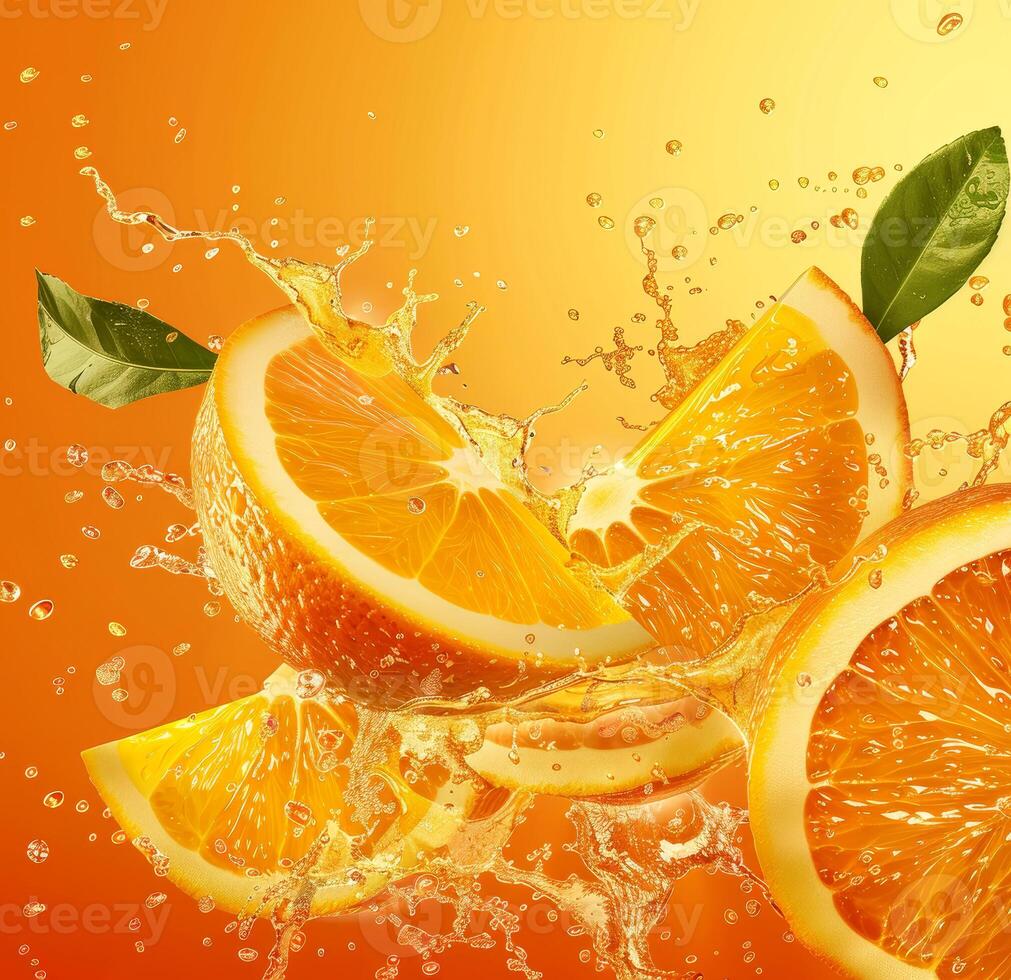 Juicy orange segments are cut in half, releasing droplets of juice while fresh green leaves float above. The vibrant background enhances the freshness of the fruit photo