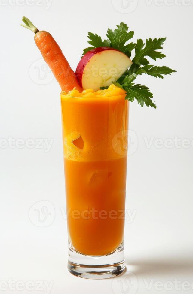 Vibrant carrot cocktail showcases a blend of fresh juices, topped with apple slices and herbs, perfect for a healthy refreshment at any gathering photo