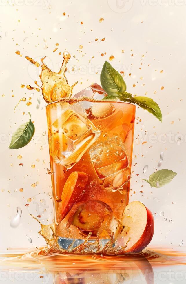 This colorful cocktail blends the flavors of carrot and apple, served in a tall glass with ice, splashes of juice, and fresh basil on a sunny Mykonos day. Perfect for summer relaxation photo
