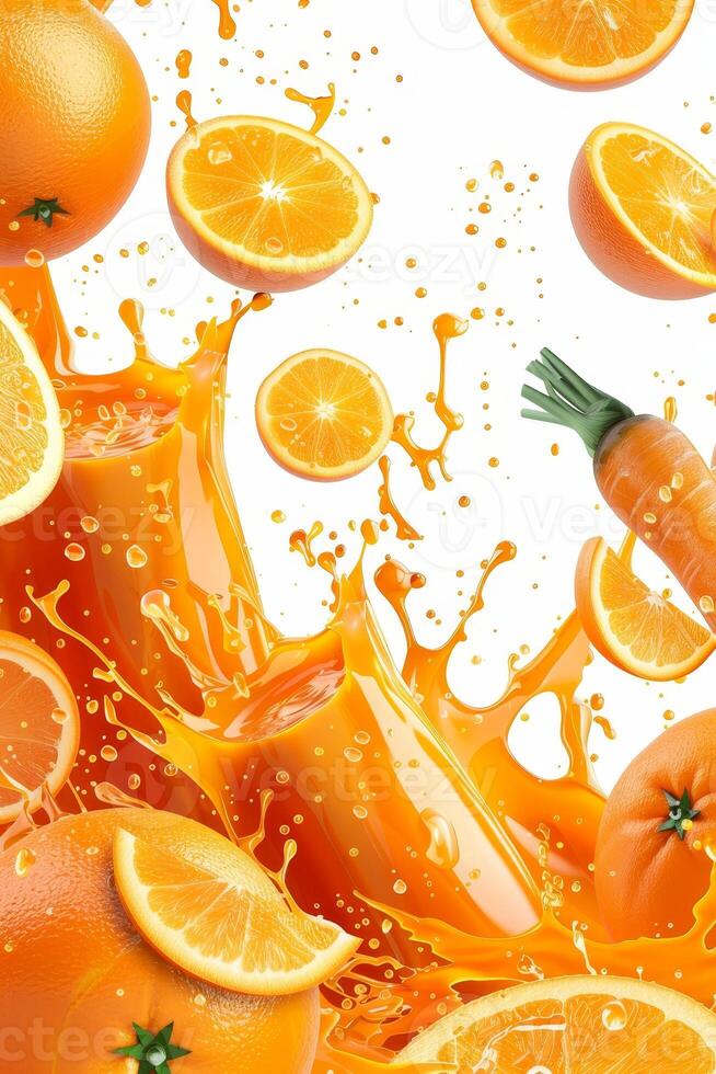 Fresh oranges burst with juice and vibrant color, creating an energizing atmosphere. Slices and splashes accompany a lively carrot, emphasizing health and vitality in a playful design photo