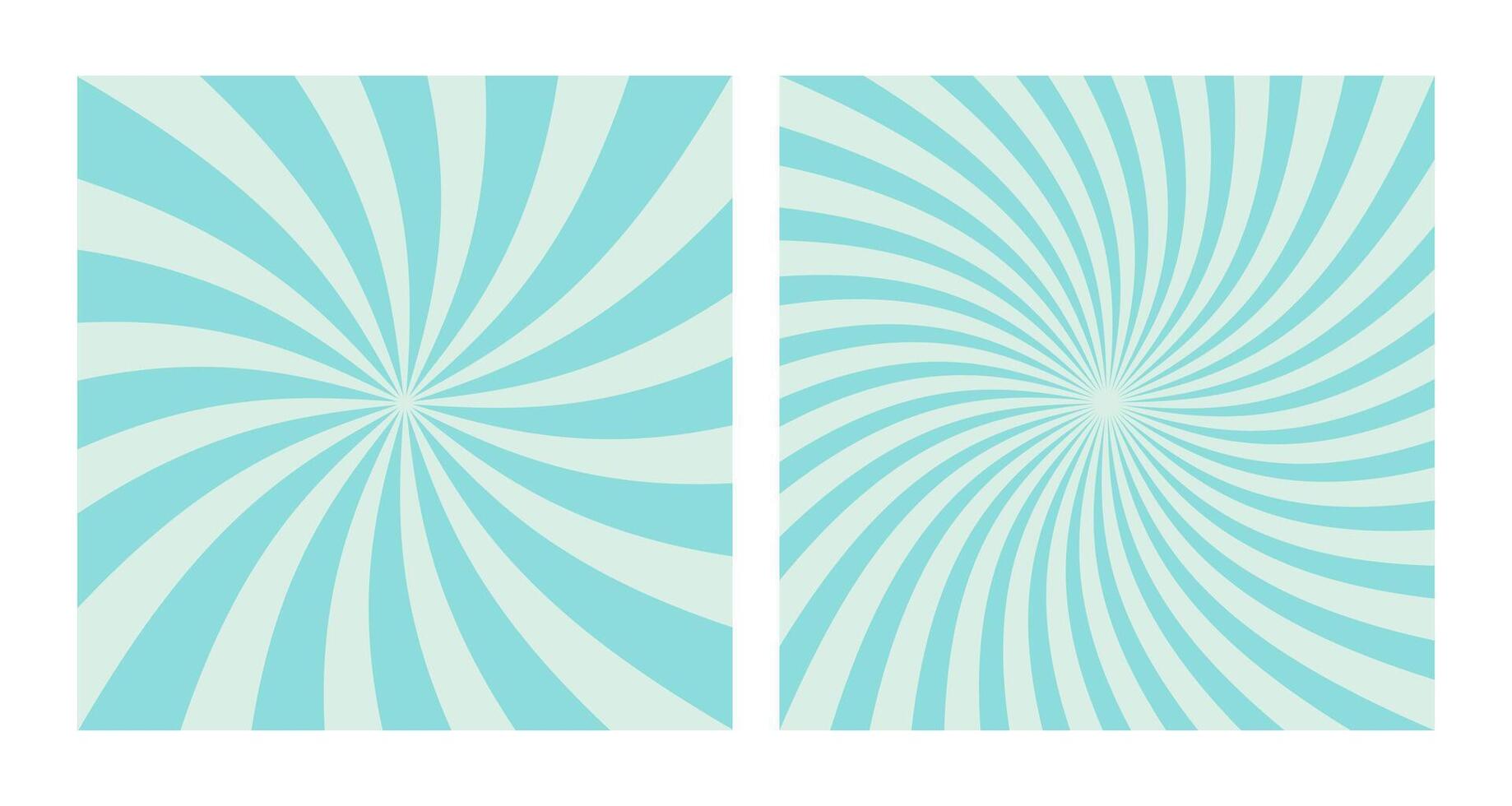 Set of Two Abstract Blue Spiral Patterns on Teal Background. Square Posters with Light Blue Groovy Hypnotic Swirls, Retro Inspired Grunge Sun Bursts vector