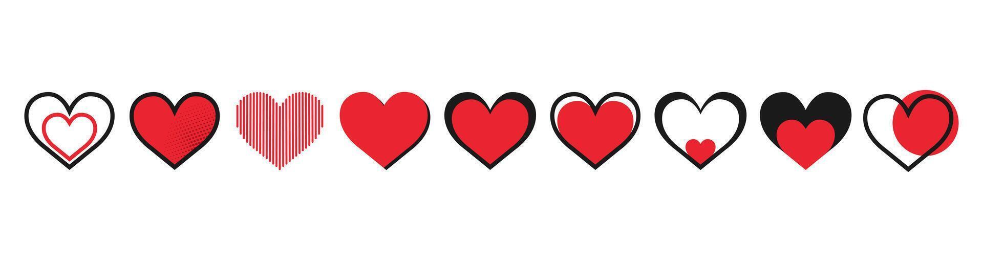 Collection of red and black heart icons in various shapes. Outline heart icons, sound wavy equalizer shape, pop art heart icon vector