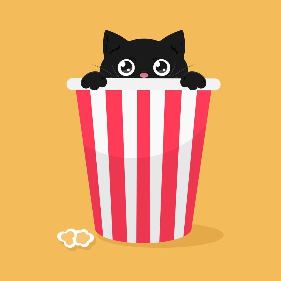 Curious black cat peeking out from popcorn bucket. Cute cartoon kitten character in popcorn bucket vector