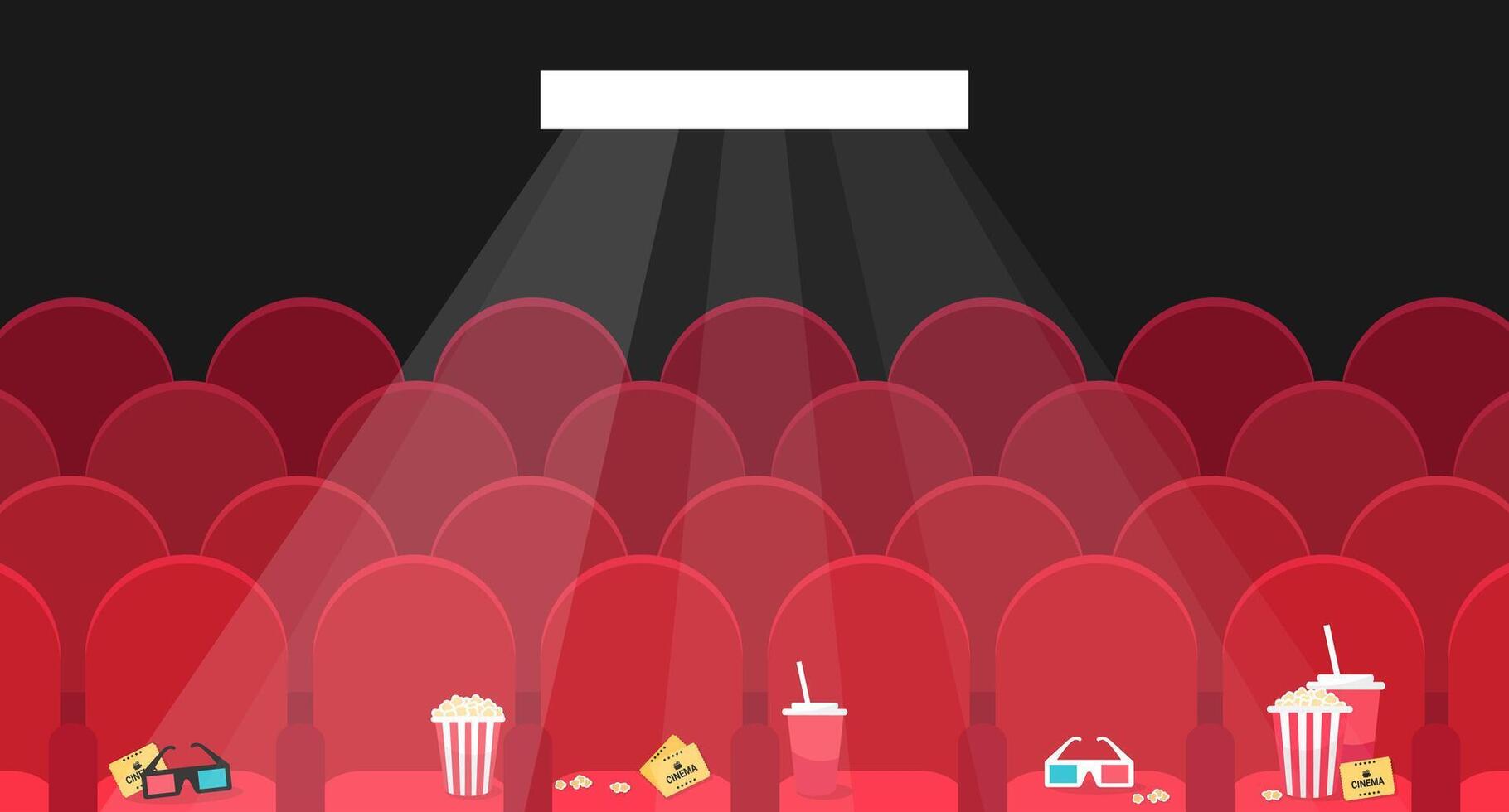 Empty movie theater hall template with red chairs and spotlight. Movie theater seats with popcorn, soda, 3d glasses and cinema tickets on it vector