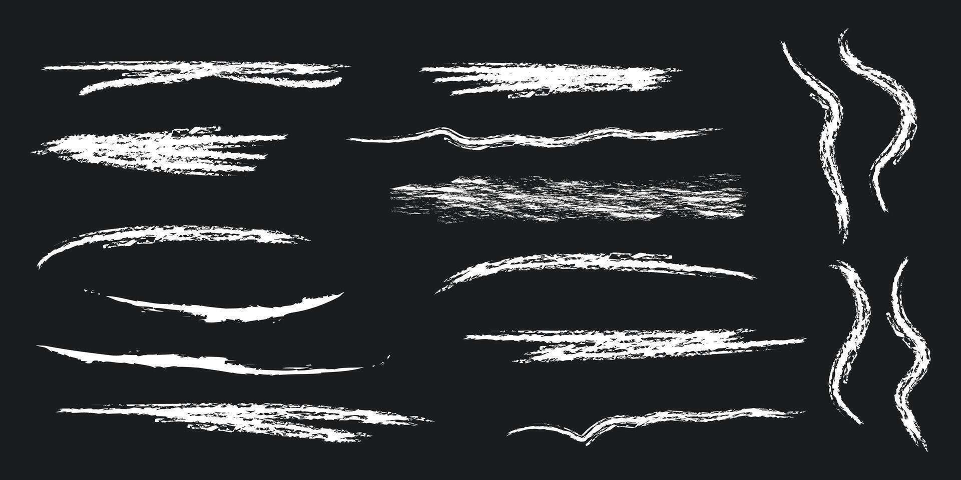 Chalk strokes grunge textured charcoal underlines doodle lines hand drawn chalk brush strokes in white on black background. vector