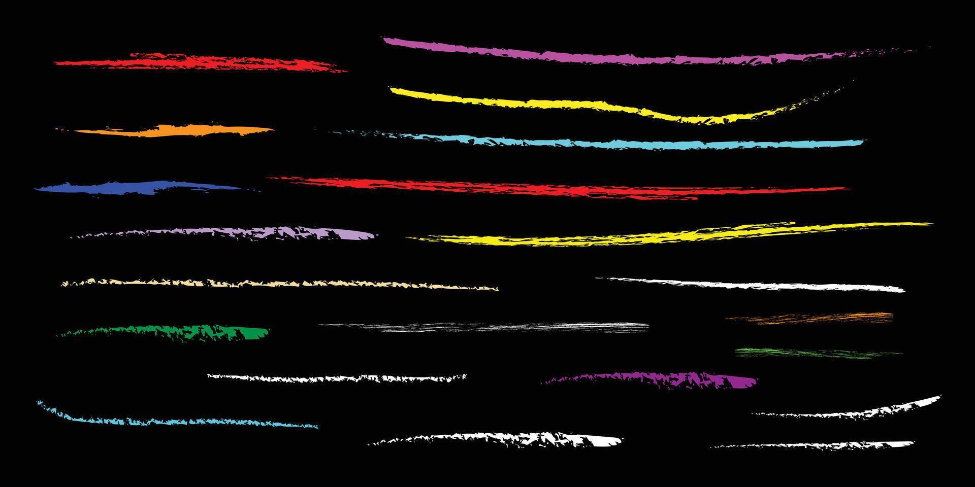 Chalk strokes grunge textured, horizontal colorful brush strokes in white on black background. vector