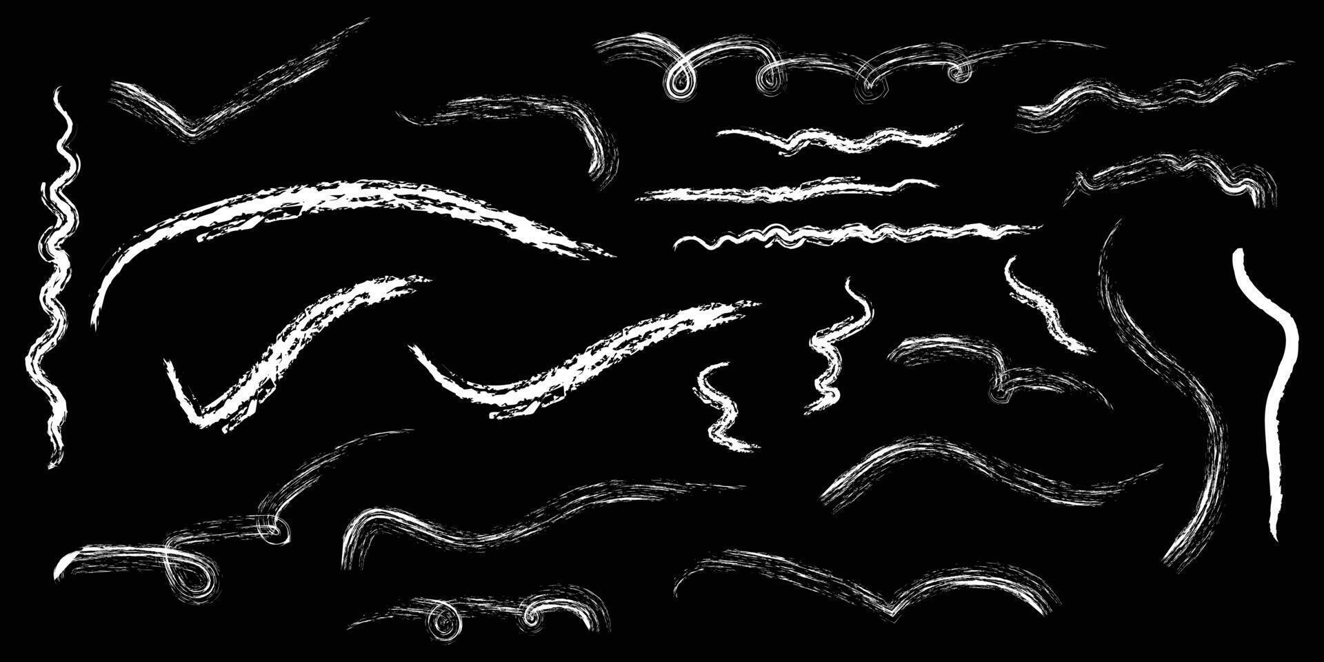 Chalk strokes grunge textured, charcoal underlines doodle lines hand drawn chalk brush strokes in white on black background. vector