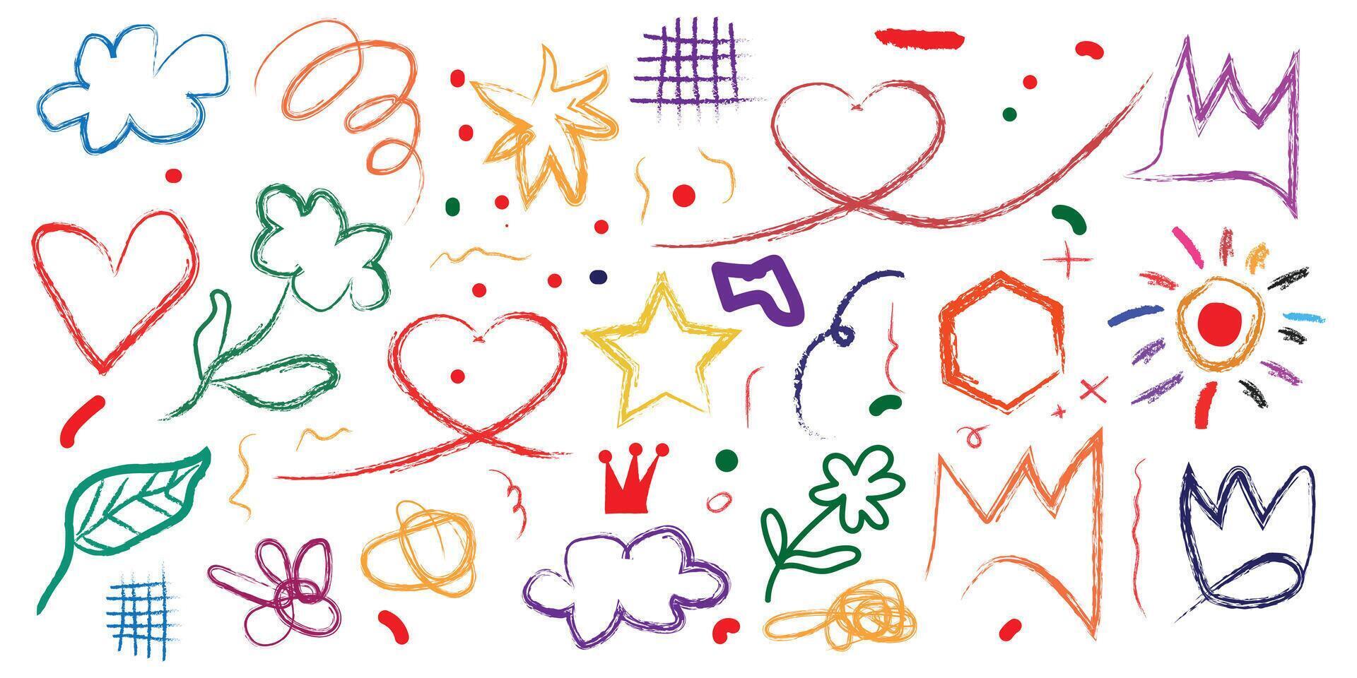 Colorful hand drawn charcoal doodle pencil drawing shapes. Childlike drawings on white background. vector