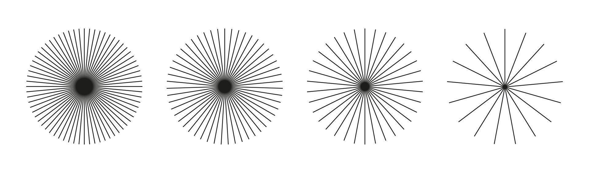 Set of Sunburst element, radial stripes. Ray beams, burst. Sun star rays. Spokes with radiating stripes grid. Radial circle radiation lines. Circular lines. Outline abstract graphic illusion pattern. vector