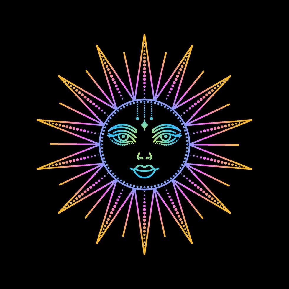 Mystic sun in linear style with gradient colours on black background. vector