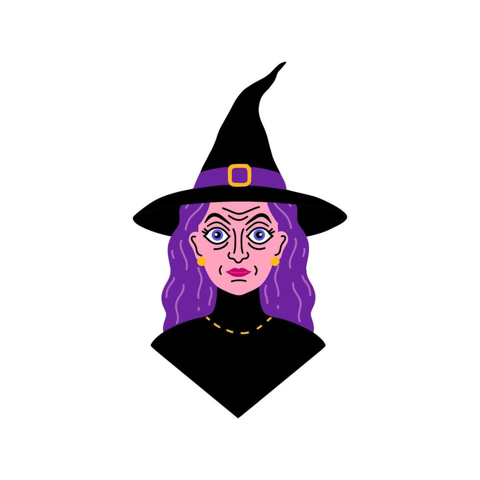 Portrait of old witch in doodle style on white background. vector