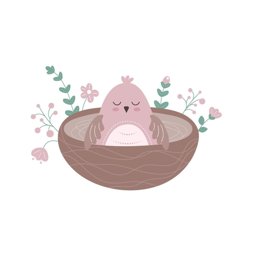 Newborn chick sitting in a nest. Illustration in simple flat style. vector