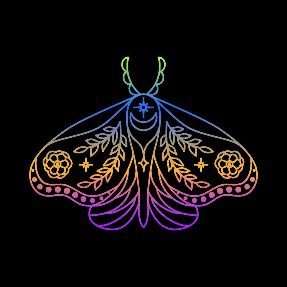 Mystic moth in linear style with gradient colours on black background. vector