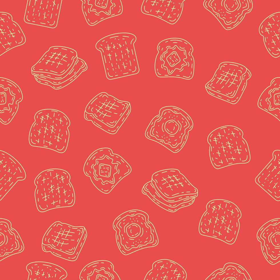 Toast background. Bread toast sketch seamless pattern on red background. Packaging, wrapper, banner, print, fabric vector