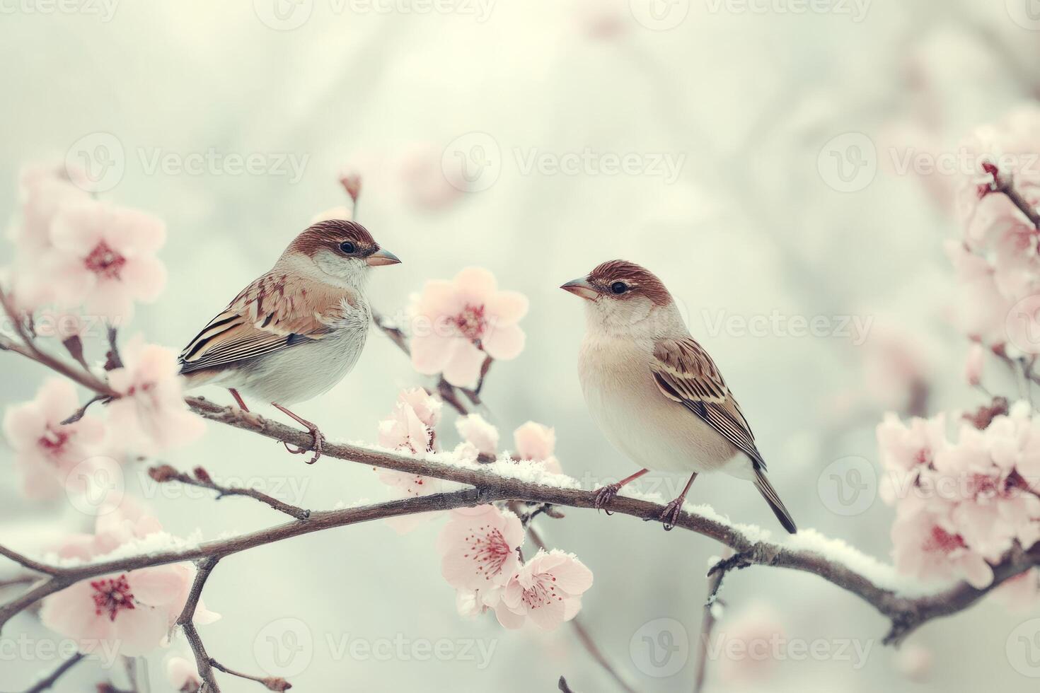 Two birds on blooming tree branch in winter photo
