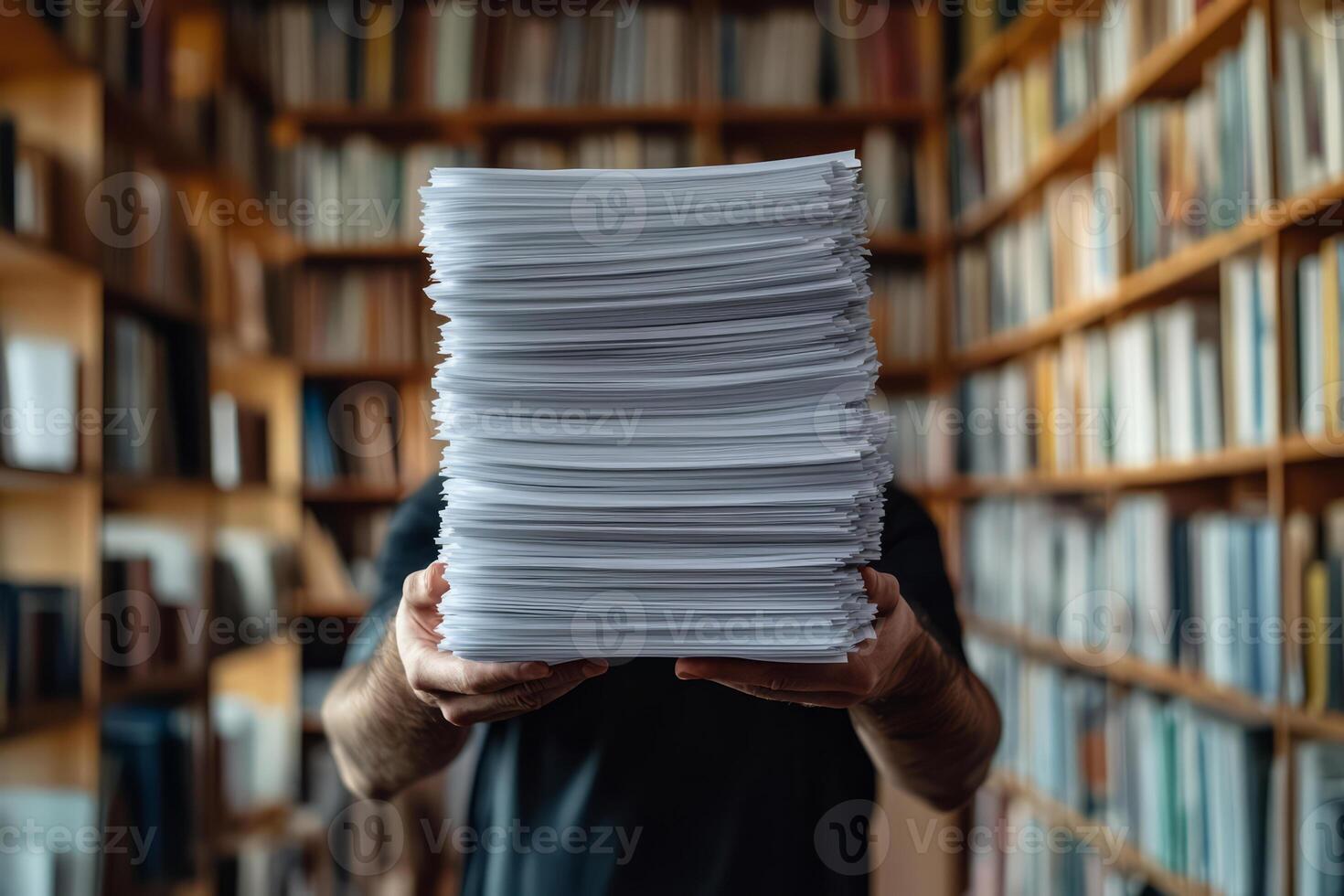 Man Holding Large Stack of Paper in Library photo