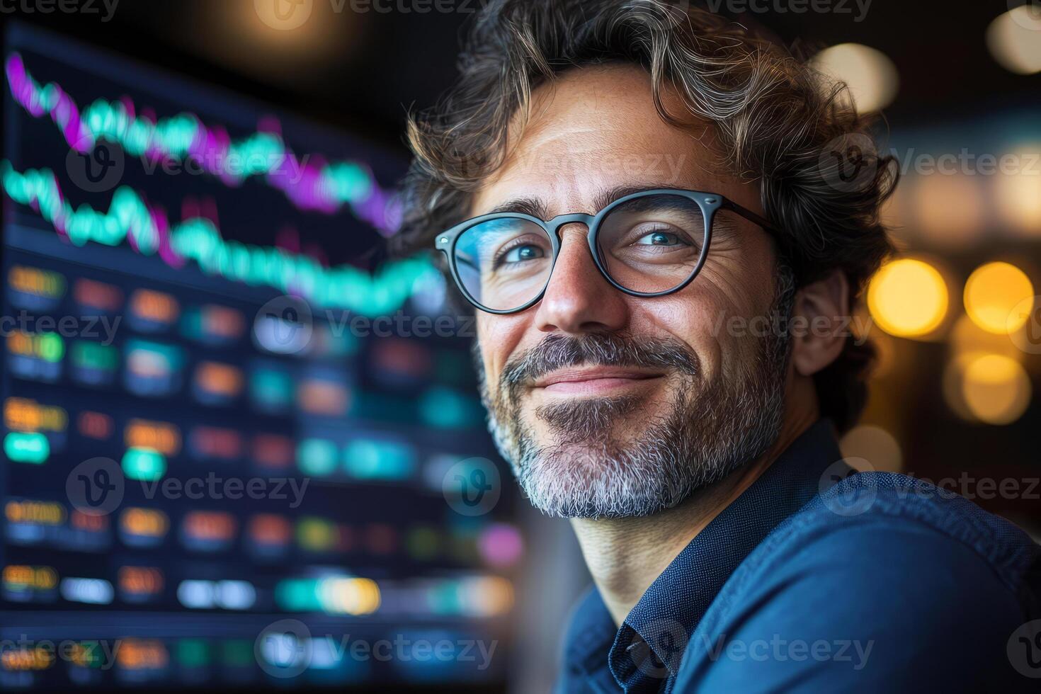 Smiling financial trader with glasses in front of stock market screen photo