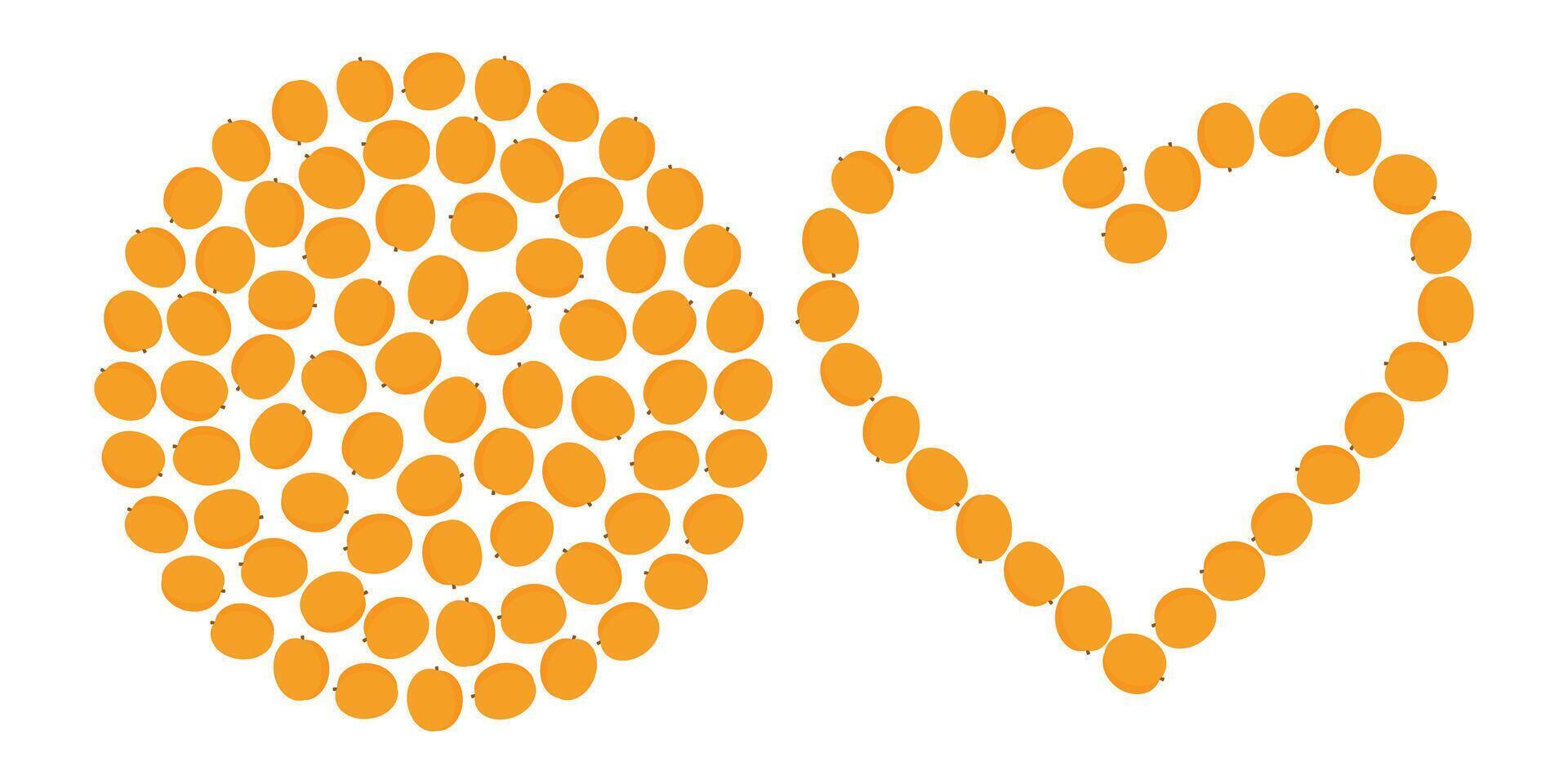 Apricots Circular Background Texture and outline heart. Summer Abstract backdrop Template Copy space. Isolated illustration Thematic cards, leaflets, posters or web promo banner, price, labels vector