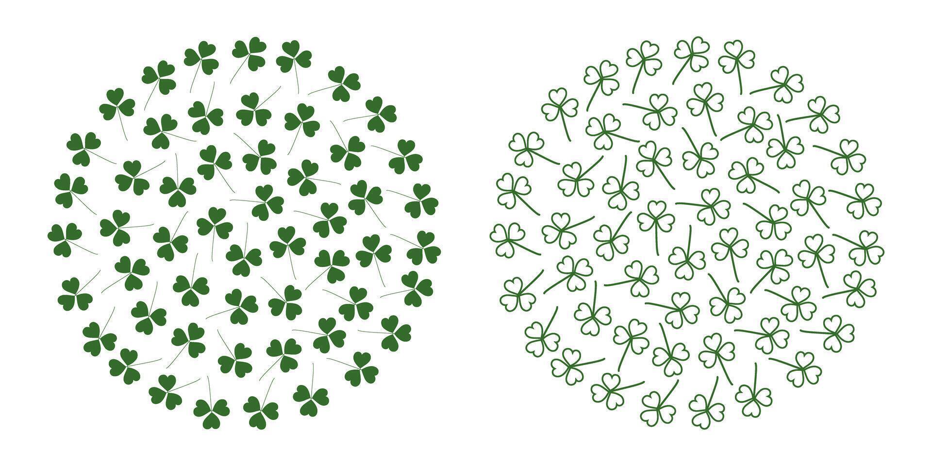 Filled and outline Shamrocks Clover leaves Circular Minimalistic Monochrome green Backgrounds Set 2. Isolated illustration St Patrick Day greeting backdrop Thematic cards or web promo leaflets vector