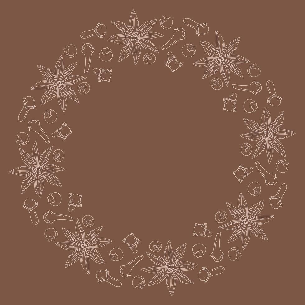 Star Anise, Allspices and cloves Circular Frame Spices for mulled wine light on soft brown Template. Isolated illustration Thematic or menu cards, posters, labels or web promo banner, leaflets vector
