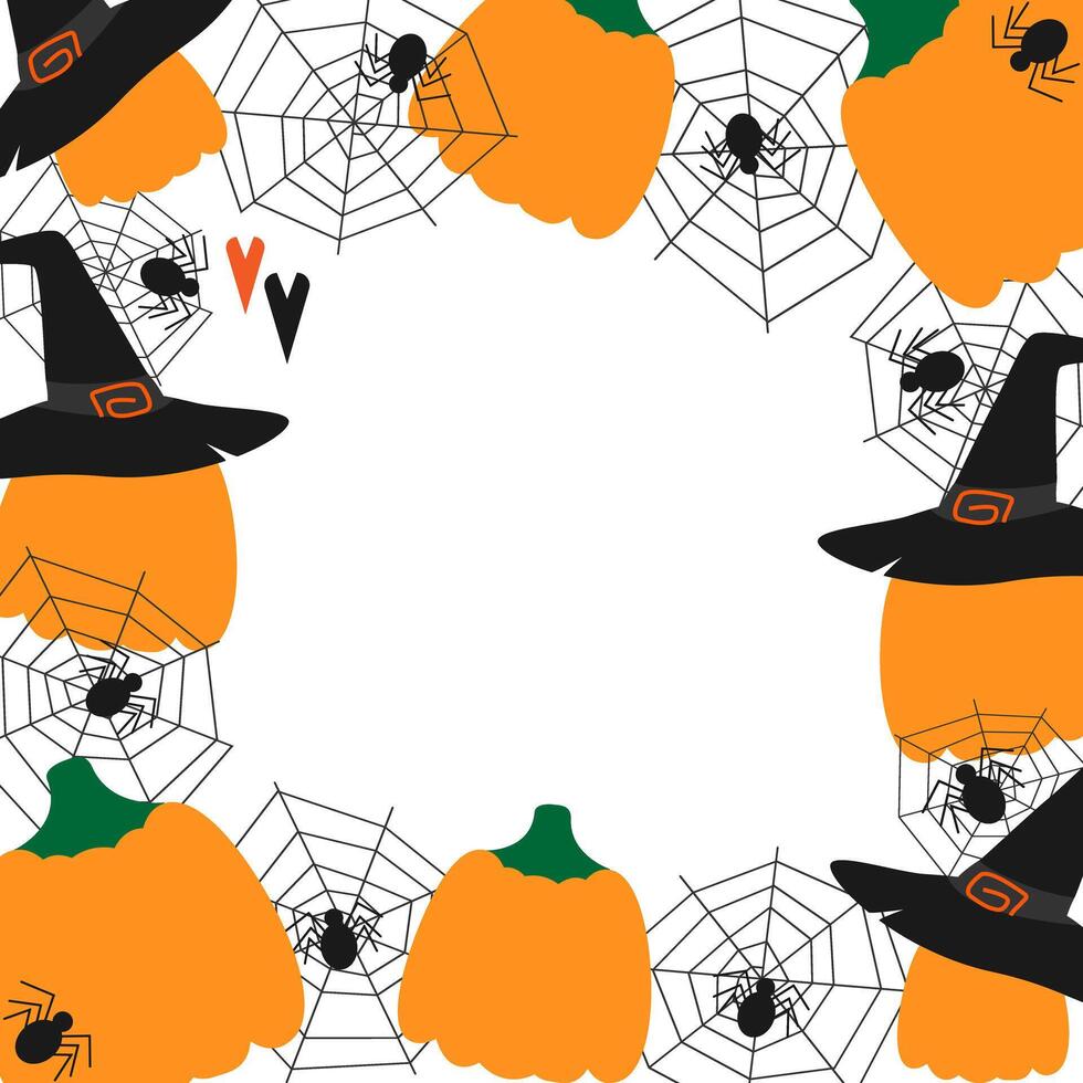 Pumpkins in Witch caps spiders on cobweb square Frame border Halloween greetings Copy space Template. Isolated illustration Thematic cards or web promo banner, leaflet, price, label, invitation vector