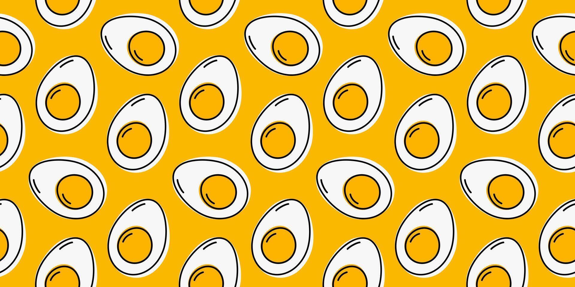 Half Hard boiled eggs Seamless Pattern on trendy yellow Minimalistic Egg Day Background Texture idea. Isolated illustration Wallpaper, wrapping Thematic cards, posters or web promo banner, tags vector