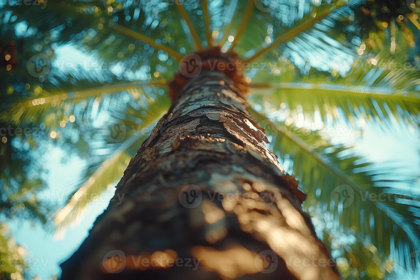 Low Angle View of a Palm Tree Trunk with Leaves photo